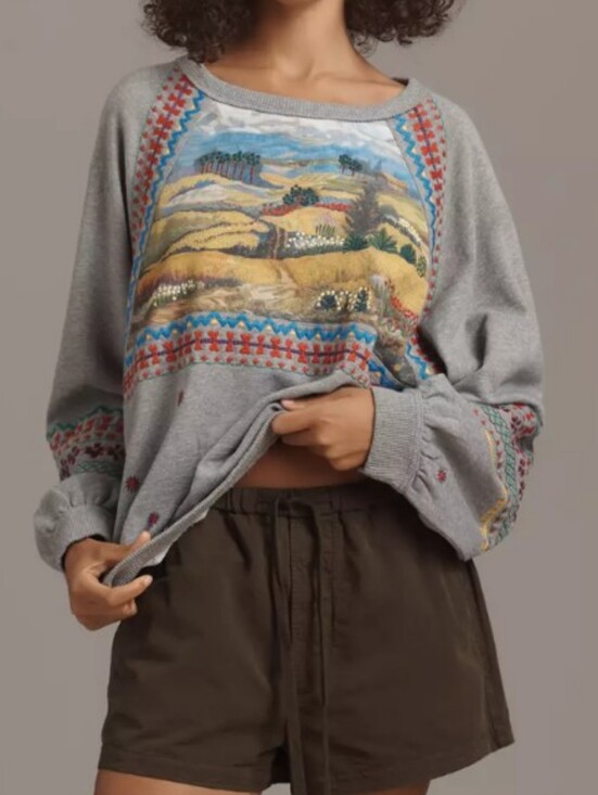 Pilcro Tops - Embroidered Pullover Sweatshirt Country Scene Pilcro Anthropologie 100% Cotton